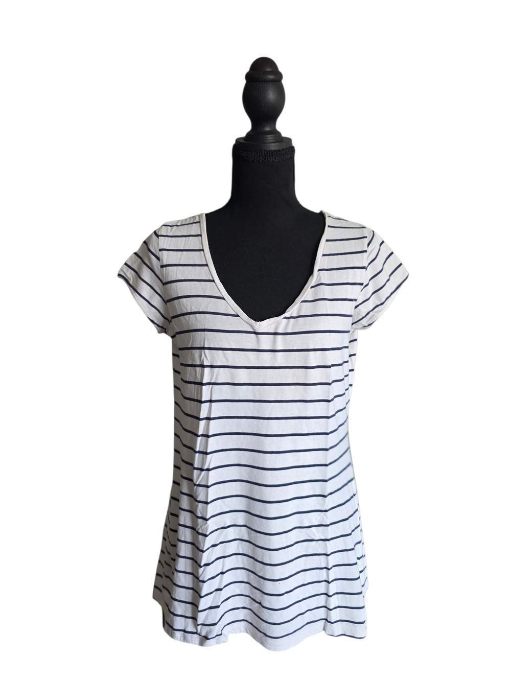 H&M White Short-Sleeve V-Neck Tee with Navy Stripes